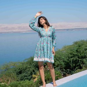 Sea Green Self Embroidered Cotton Printed Short Dress